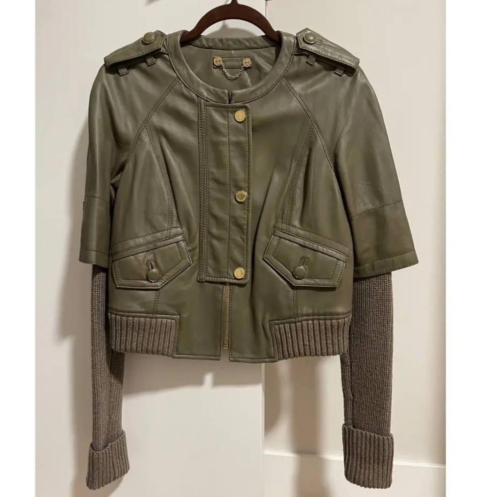 TORY BURCH Green Lambskin & Sweater-Sleeved Biker Jacket Sz XS - Picture 2 of 12